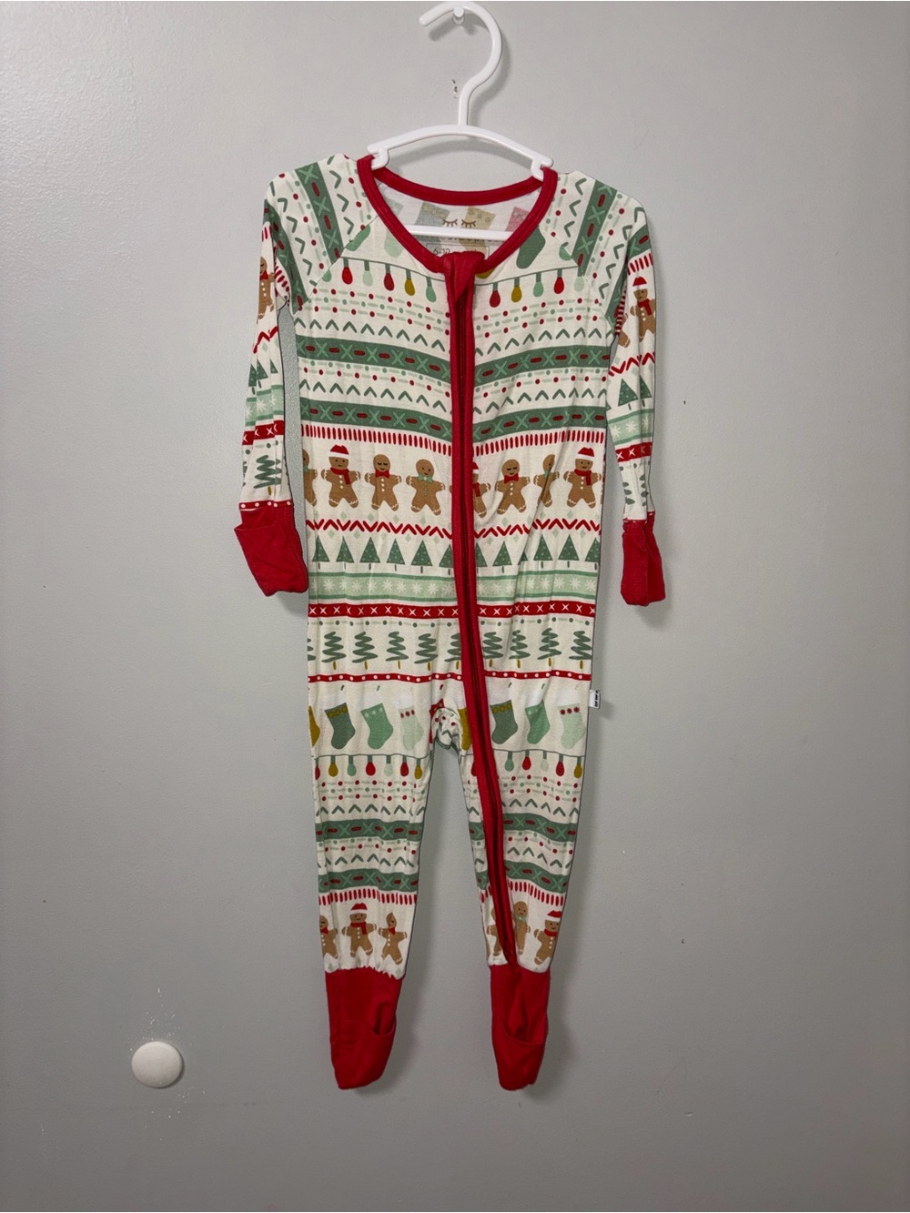 Little Sleepies Cream Holiday Gingerbread Footie Pajama with Red Trim